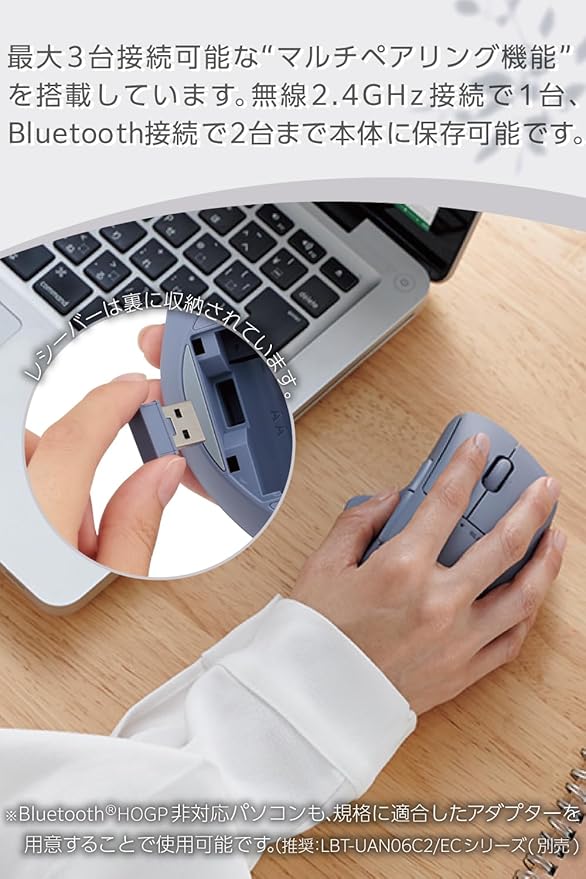 ELECOM Shellpha Bluetooth Wireless Mouse, Silent Click, Ergonomic 7 Programmable Buttons, Connect to 3 Devices, 2.4GHz USB Multi-Device Connection, Tilt Scroll, 2000 DPI, PC Laptop Mouse (Navy Blue)