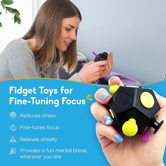 PILPOC theFube Fidget Cube with 12 Sides - Handy Anxiety Toys for Kids and Adults - Fidget Dice for Stress Relief & Focus - Anti Stress Cube for ADHD, ADD, with Carry Case (Black & Mix)