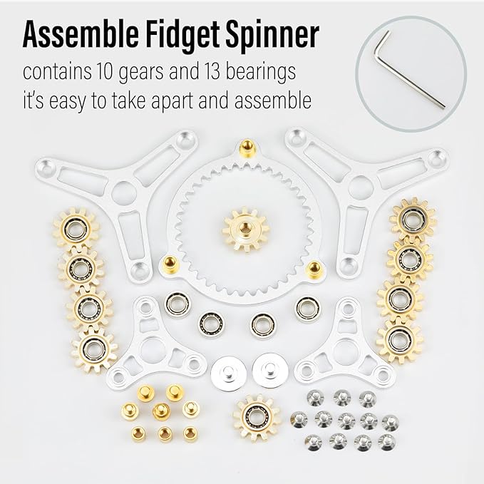 FREELOVE Gear Metal Fidget Spinner Toys for Adults, Small Mini Tiny Pockget Figette, Bike Chain, Copper Brass Hands Gyro, Quiet Silent Cool Cube for Anxiety Men (Wheel 10 Gears Linkage, Silver-Brass)