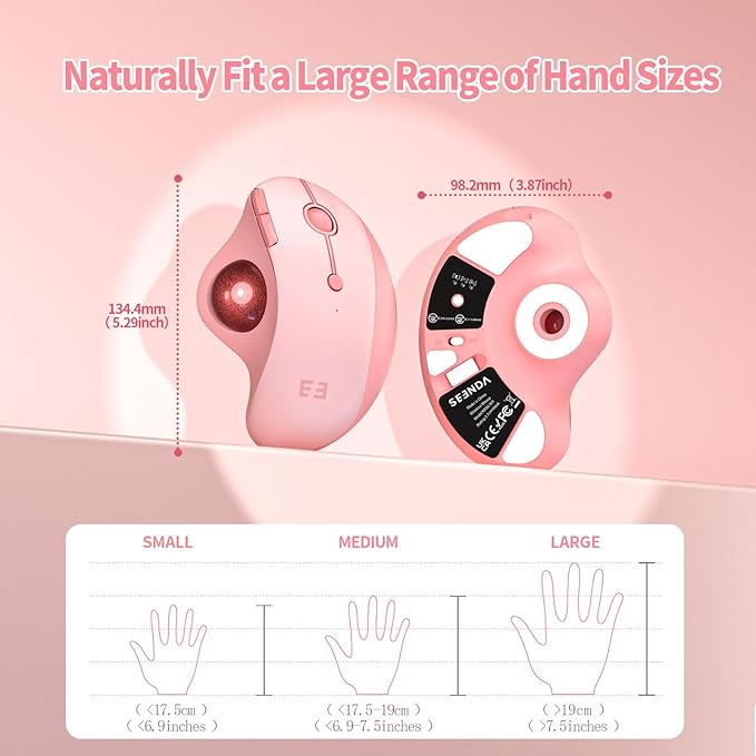 seenda Wireless Trackball Mouse, Bluetooth Ergonomic Rollerball Mouse Rechargeable Multi Devices USB/Bluetooth Connection Thumb Control Mice Compatible for Mac/Android/Windows Computers, Pink