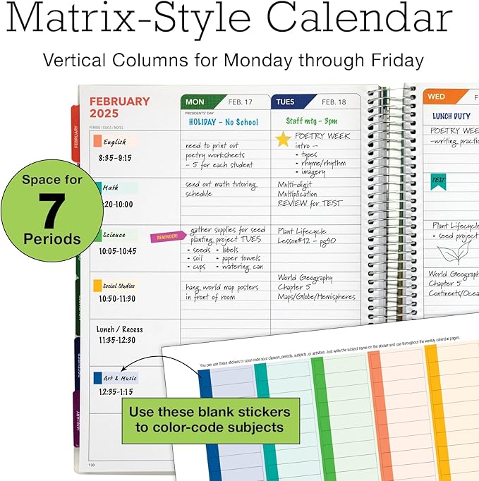Aug 2024-Jul 2025 Deluxe Teacher Planner Notebook 8.5x11 Daily Weekly Monthly Organizers with 7 Periods, Pocket Folder, Dated Calendar, Page Tabs, Bookmark and Planning Stickers (Rainbow Oak)