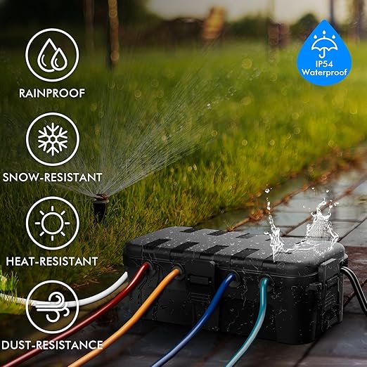 RESTMO Outdoor Electrical Box, IP54 Weatherproof Extension Cord Cover with 6 Cable Entry Ports, Waterproof Connection Box Protect Power Strip, Timer, Plug, Holiday Lights, (11.5x5.2x4 inch), Black