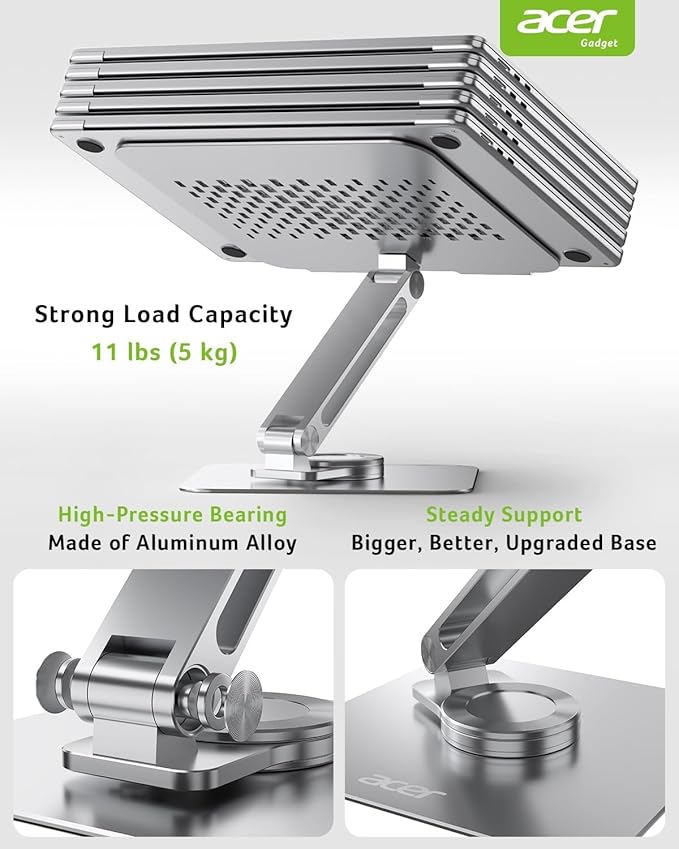acer Laptop Stand for Desk - with 360 Swivel Base, Rotating Laptop Riser for Desk, Adjustable Computer Stand for Laptops, Ergonomic Riser Holder Foldable, Portable MacBook Pro Air (10-16") - Silver