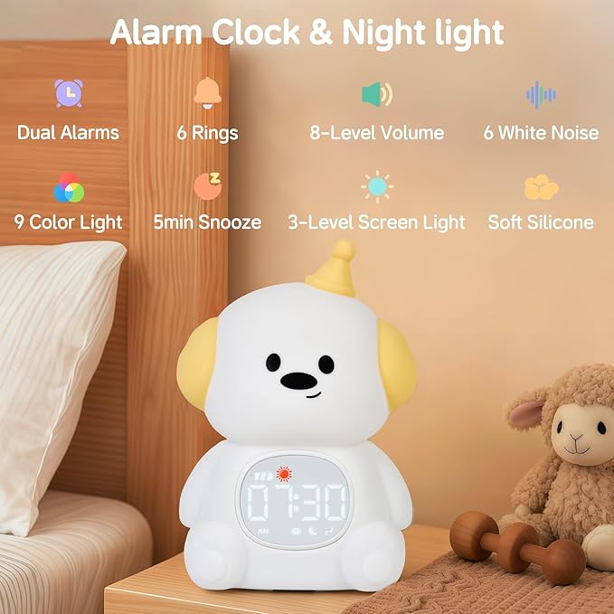 Alarm Clock for Kids with Night Light, Sleep Training Clock Time to Wake Clock, Rechargeable Silicone Light for Bedroom, Perfect Sleep Companion for Boys Girls,Dog