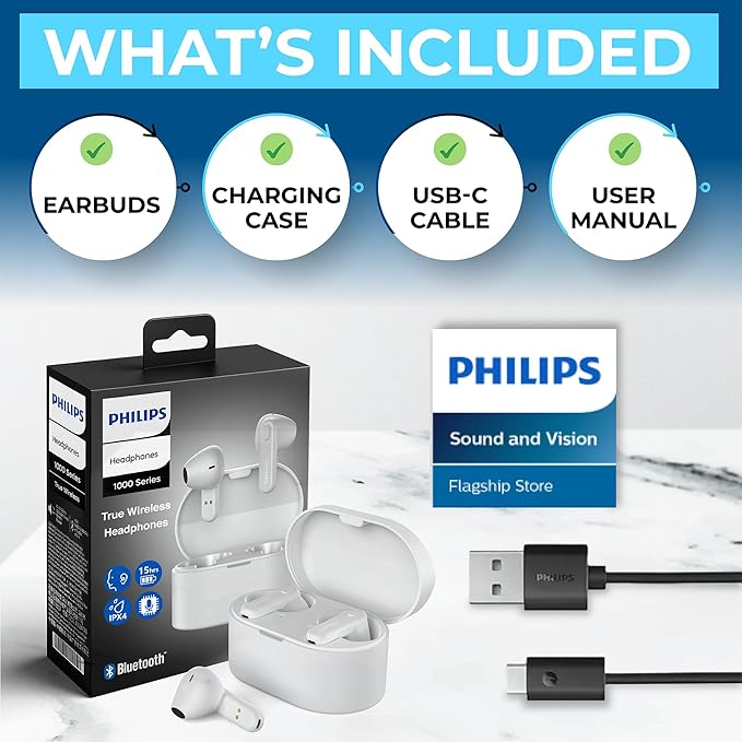 PHILIPS True Wireless Earbuds, TWS Bluetooth 5.3 Headphones, 13mm Drivers, AI Mic for Clear Calls, IPX4 Waterproof, 15 Hours Playtime, Compatible w/iPhone Android & Bluetooth Devices, TAT1138 White