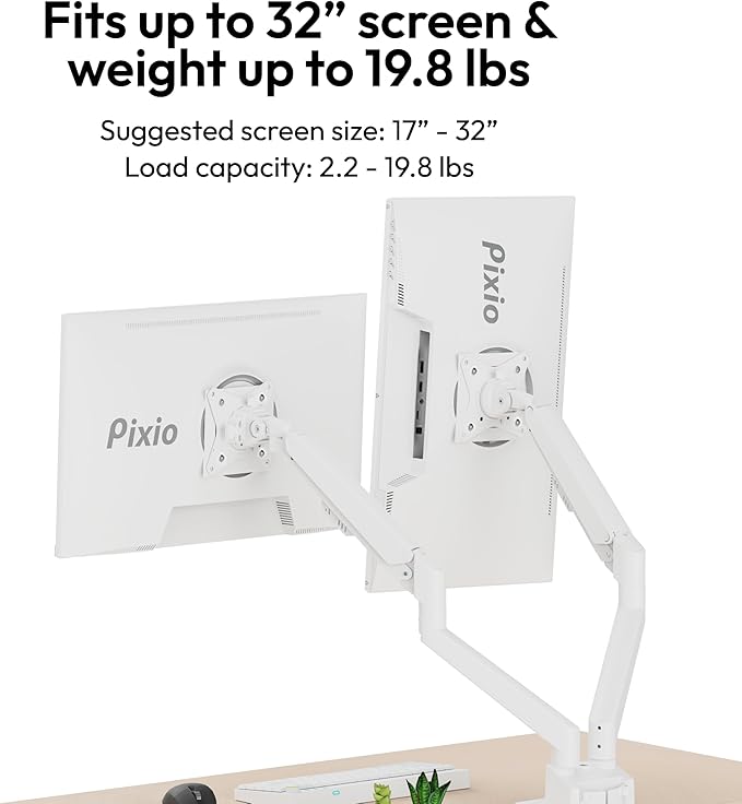 Pixio PS1D Wave White Dual Monitor Arm Stand Desk Mount - Fits up to 32 inches Monitors and up to 19.8lbs. VESA Compatibility and Integrated Cable Management