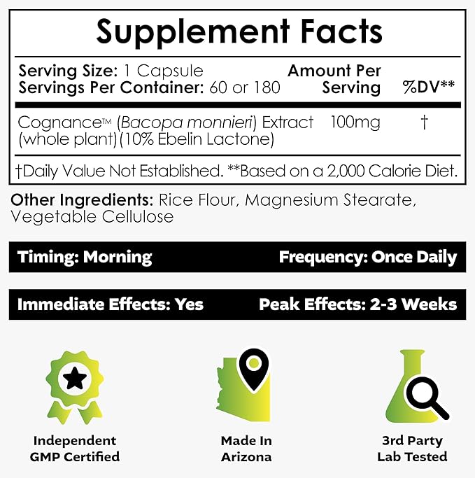 Nootropics Depot Cognance Enhanced Bacopa Capsules | 100mg | 10% Ebelin Lactone | Bacopa monnieri | Mood, Memory, & 5-HT2A Activation, 180 Count (Pack of 1)