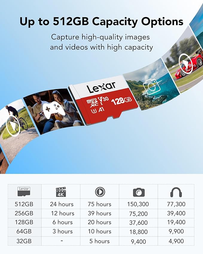 Lexar 128GB Micro SD Card, microSDXC UHS-I Flash Memory Card with Adapter - Up to 100MB/s, A1, U3, Class10, V30, High Speed TF Card