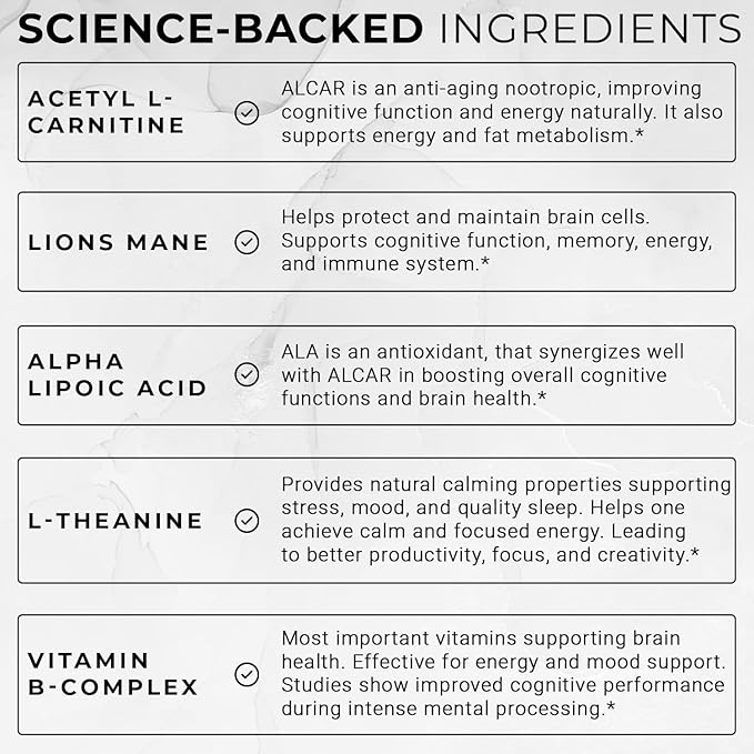 Elite Brain - Nootropic Supplement for Focus, Memory & Mental Clarity - ALCAR, Lions Mane, ALA, L-Theanine, Vitamin B Complex - Natural Energy, Caffeine-Free (60 Capsules)