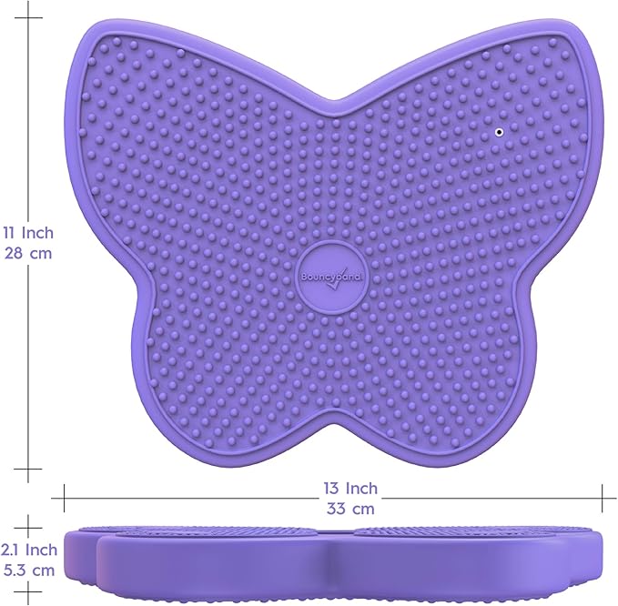 Shaped Wiggle Seats by Bouncyband–Purple Butterfly, 13”x11”x2.2”–Inflatable Sensory Cushion for Kids, Improves Student Productivity and Focus, Comes with Easy-Inflation Pump to Customize Firmness