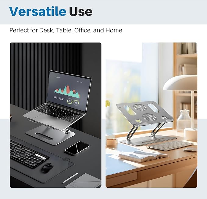 Adjustable Laptop Cooling Stand with 2 Quiet Fans & RGB Lighting, Aluminum Alloy & Foldable Ergonomic Design for MacBook, Lenovo, ASUS, Dell 10-16 Inch, Perfect for Gaming, DJ, Office - Gray