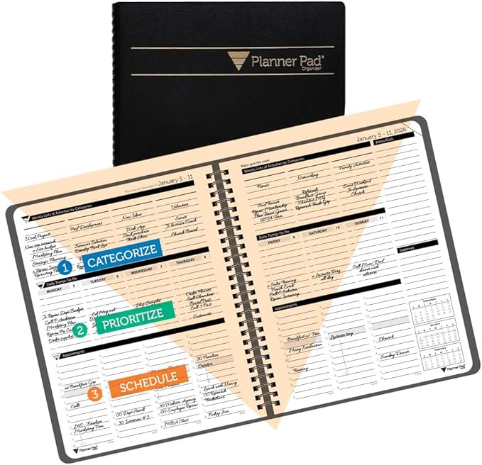 Planner Pad Spiral Bound January-December 2026/ Calendar Year 6 3/4" x 8 1/2" Medium 3-Tier Funnel Down 12 Month Organizer, Black Cover/Black Ink