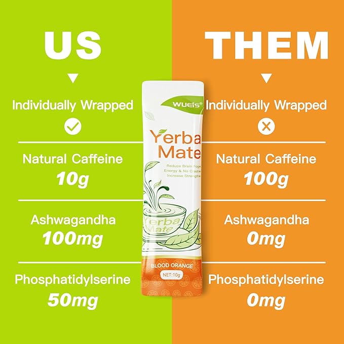 WUEIS Yerba Mate 10000mg Tea Instant Powder,Yerba Magic Powder Single Serve Sticks,Clean Energy,Rich in Prebiotics,Promote Gut Health- Super Yerba,Low Sugar-Natural Caffeine-Orange Flavor-30 Servings