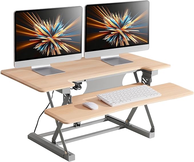 36" Electric Standing Desk Converter, Dyropcurv Series Height Adjustable Computer Desk Ergonomic Home Office Desk for Adults, Sit to Stand Desk with Quiet Motor, Light Wood