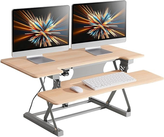 36" Electric Standing Desk Converter, Dyropcurv Series Height Adjustable Computer Desk Ergonomic Home Office Desk for Adults, Sit to Stand Desk with Quiet Motor, Light Wood