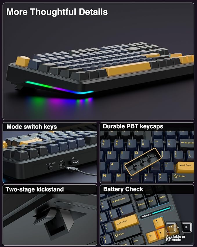 AULA F87 Wireless Mechanical Keyboard, 75% TKL Custom Hot Swappable Gaming Keyboards with PBT Keycaps, Pre-lubed Greywood Switches, RGB Backlit Creamy Keyboard, 2.4GHz/USB-C/BT5.0