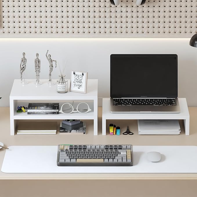 TEAMIX Monitor Stand Riser-3 Packs,Wood 3 Tiers Adjustable Monitor Stand Dual Monitor Riser for 2 Monitors/Laptop/PC Computer Stand for Desk (White, 3 PCS)