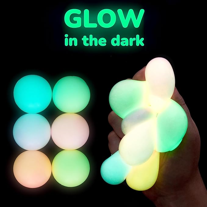 12pc Value Pack - Squeeze Balls in Glow in The Dark Colors - Fidget Toy Stress Balls for Adults and Kids - Anxiety Relief Items to Squish, Squeeze, Throw and Stick Fidgets for Kids