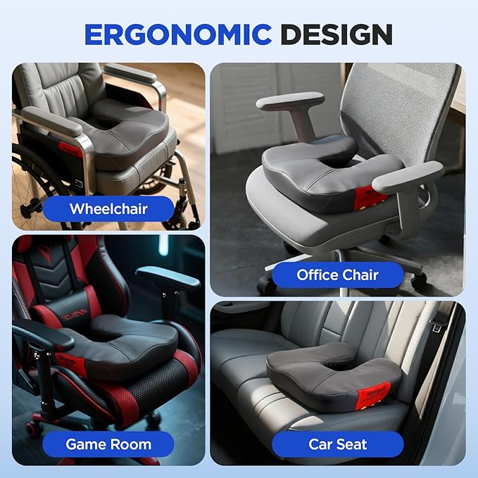 Seat Cushion for Office Chair – Memory Foam Car Seat Cushion for Sciatica, Tailbone, Back & Hemorrhoid Pain Relief U-Shaped ErgonomicHigh-Density Breathable Foam with Non-Slip Base (Gray)