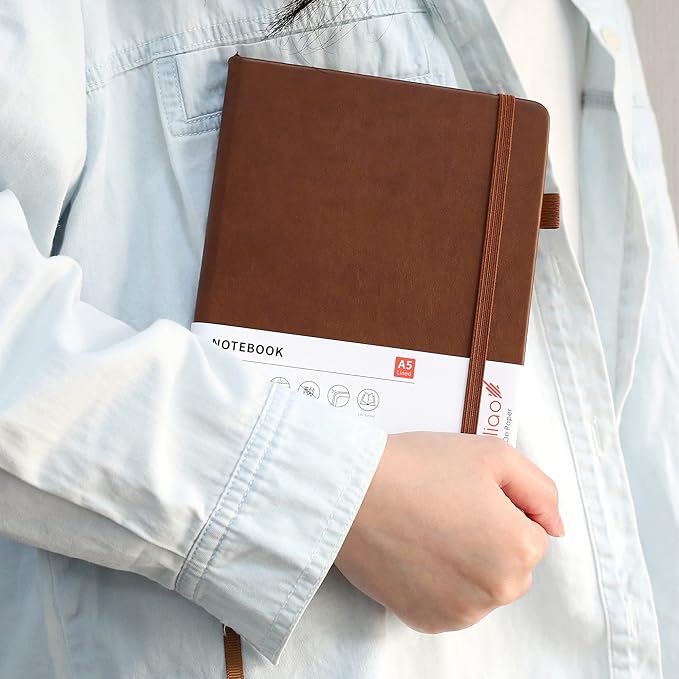 Deziliao Lined Journal Notebooks with Pen Loop, Hardcover Notebook Journal for Work, 100Gsm Premium Thick Paper with Inner Pocket, Medium 5.7"x8.4", （Brown, Ruled）