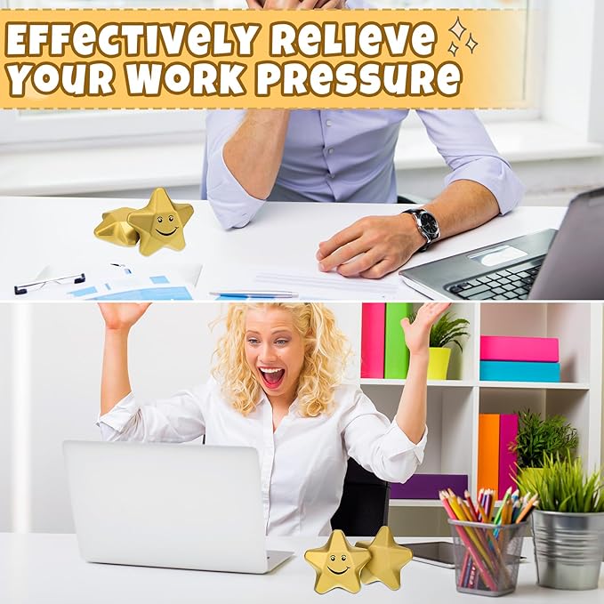 Deekin 36 Pieces Star Stress Balls Mini Foam Ball Stress Relief Toys for Teens and Adults Student Bag Fillers, Gold(Smile,1.6 Inch)