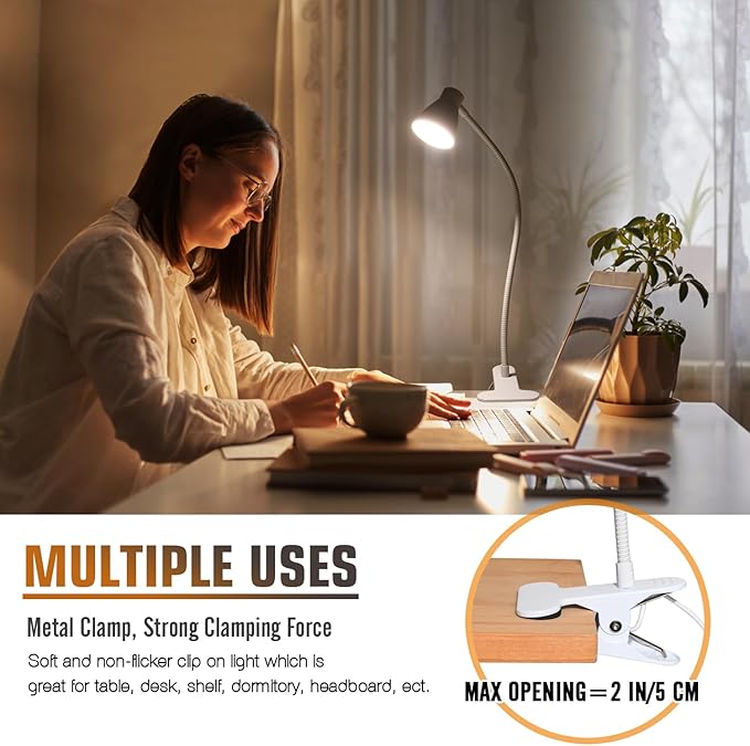 Clamp Desk Lamp, Clip on Reading Light, 3000K-6500K Adjustable Color Temperature, Multiple Illumination Modes, CRI>90, 6Watts (Adapter Not Included)