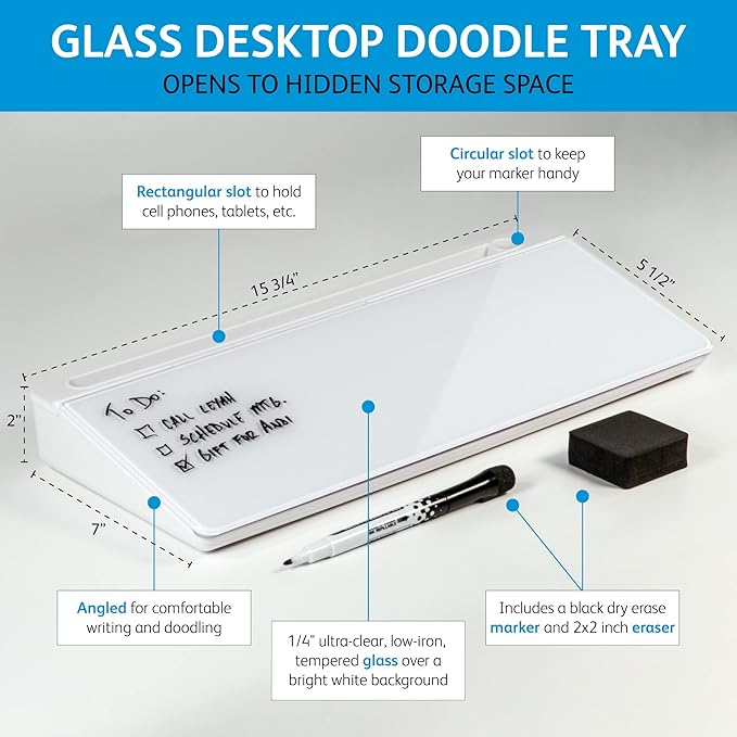 Glassboard Studio Glass Dry Erase Doodle Tray for Desktop Office Supply Storage - Marker and Eraser Included (8 Markers, White)