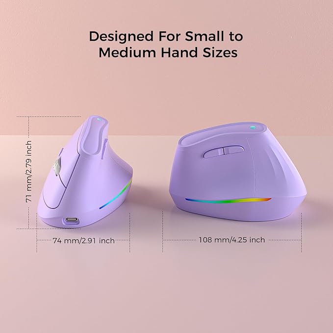 57° Wireless Ergonomic Mouse, Vertical Mouse, Carpal Tunnel Mouse, RGB Light, Rechargeable, Bluetooth & 2.4G, 5-level DPI Adjustment, Quiet Click Ergo Mice Compatible with PC, Laptop, Mac, Pueple