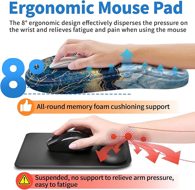 Ergonomic Mouse Pad with Wrist Rest Support, Mousepad with Comfortable Memory Foam Wrist Rest and Non-Slip PU Base for Pain Relief, Computer, Laptop, Office, Home (Marble)