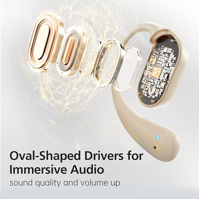 Open Ear Headphones with 35 Hours Playtime, True Wireless Air Conduction Earbuds Featuring Ear Hooks, Bluetooth 5.3, IPX6 Waterproof Design, Comfortable and Secure Fit for Sports - Beige