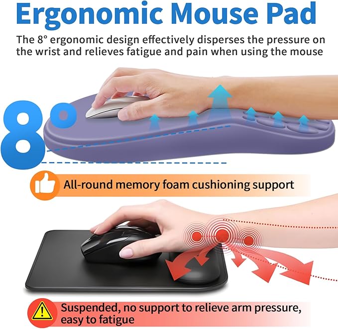 Ergonomic Mouse Pad with Wrist Rest Support, Mousepad with Comfortable Memory Foam Wrist Rest and Non-Slip PU Base for Pain Relief, Computer, Laptop, Office, Home (Purple)