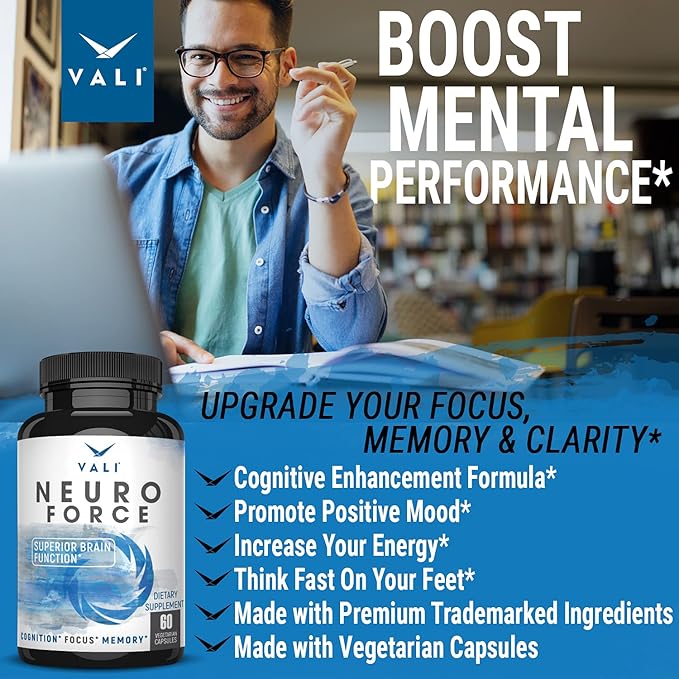 VALI Neuro Force Brain Booster Supplement for Focus, Memory, Clarity & Energy. Extra Strength Nootropic Cognitive Function Support for Mental Performance. with Natural Caffeine. 60 Veggie Capsules