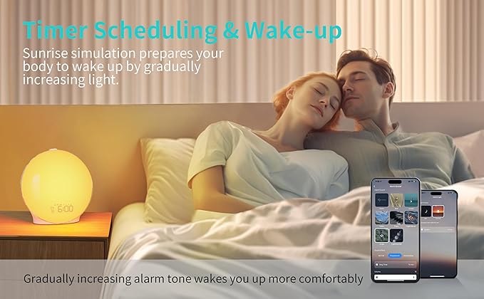 MOMILLA Smart Kids Alarm Clock, White Noise Sound Machine, Sunrise Wake-up Light with App Control, FM Radio, Sunset Night Light, Dual Alarms for Heavy Sleepers