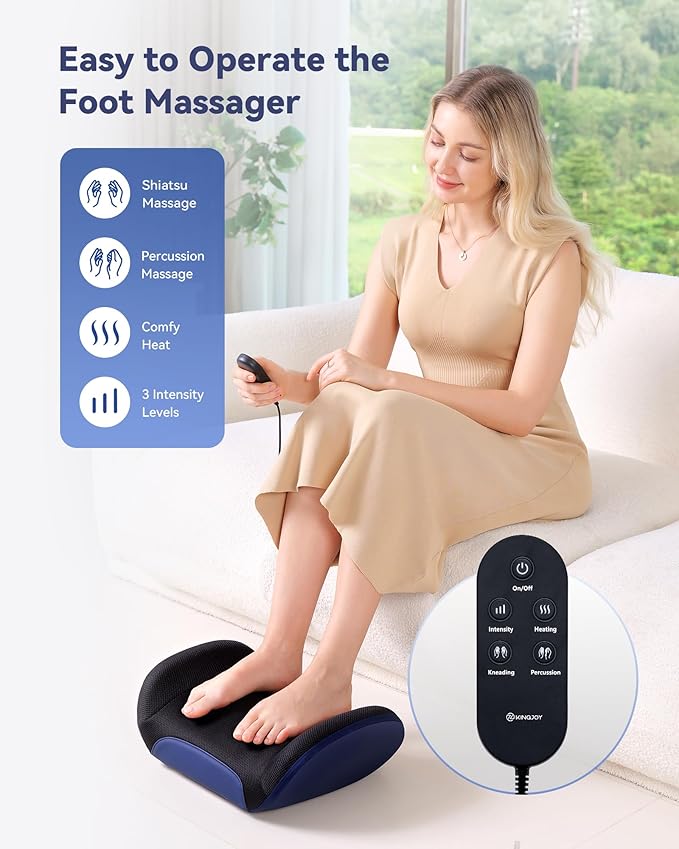 KINGJOY Shiatsu Foot Massager Machine with Heat, 2-in-1 Kneading & Percussion Massagers for Back and Foot Massage, Deep Tissue Foot and Calf Massager with Massage Roller, Birthday Gifts for Women Men