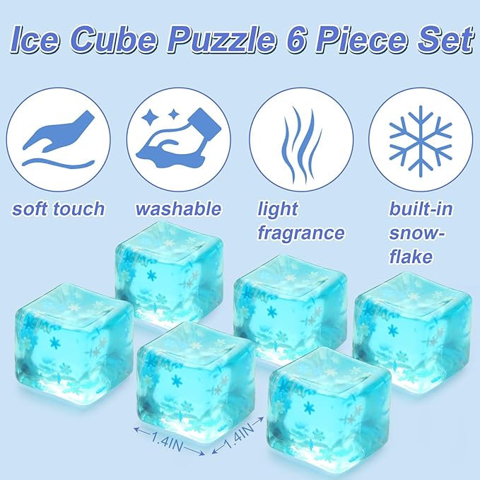6 Pack Stress Balls Ice Cube with Snowflakes Inside, Sensory Squishy Ice Squeeze Toy Fidget Slow Rise Squishy Balls for Kids and Adults Anxiety Relief, Birthday Gifts Party Favors, Classroom Prizes