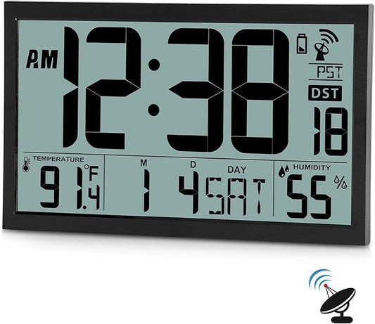 SZELAM Atomic Clock,16.7" Large Display Digital Wall Clock Battery Operated,Digital Calendar Auto Setting Desk Clocks with Indoor Temperature, Humidity,Date,Day,Auto DST for Elderly Bedroom Classroom