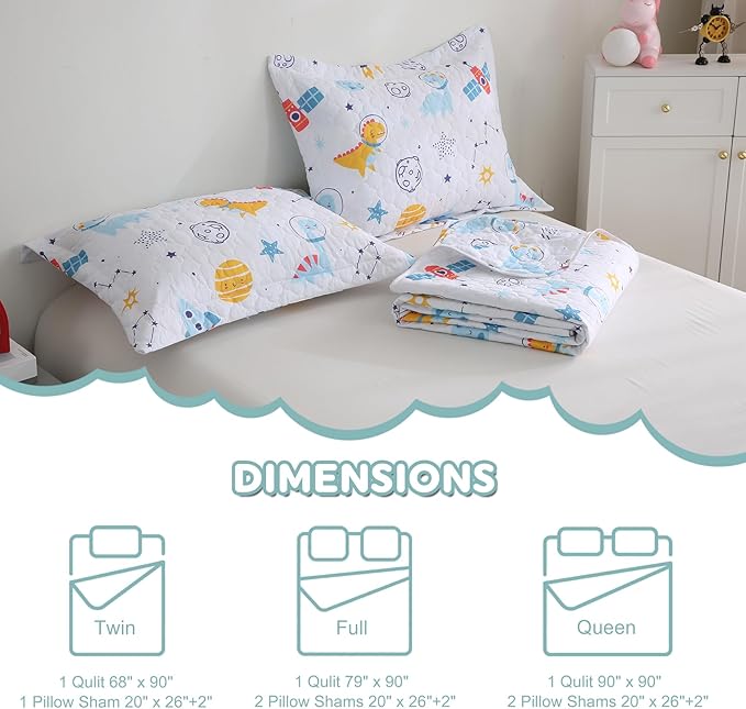 Cute Dinosaur Space Rocket Quilt Set for Boys Twin Size Kids Bedding Sets Lightweight Summer Bedspread Soft Microfiber Breathable Bed Comforter All-Season