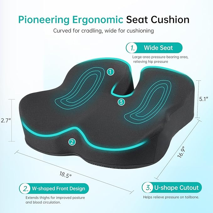 Extra Large Memory Foam Seat Cushion - Relieves Hip, Coccyx and Sciatica Pain - Ergonomic Support for Long Hours in Office Chairs, Cars, Wheelchairs (Black)