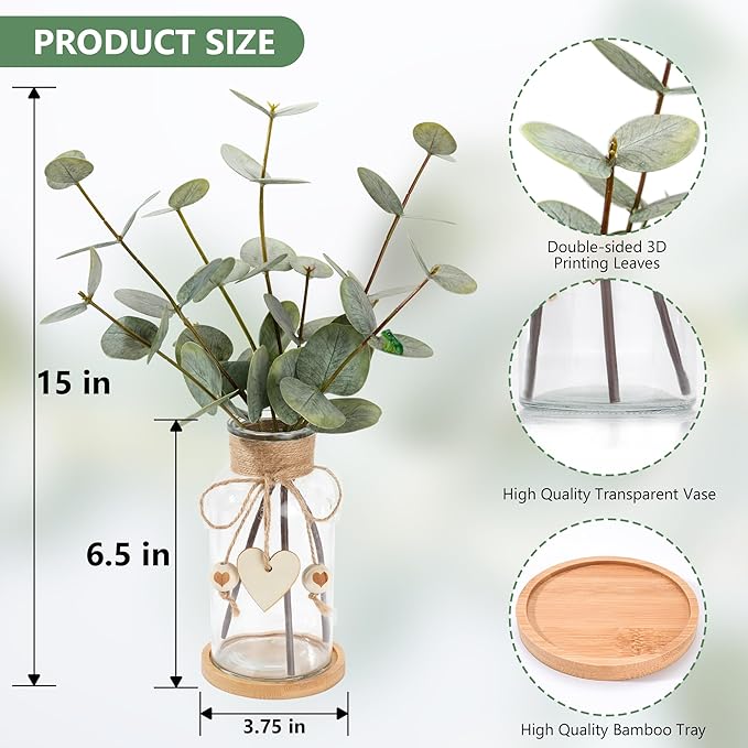 Artificial Eucalyptus Greenery Stems in Glass Vase,15" Doule Side 3D Fake Plants Eucalyptus Leaves faux Greenery for Centerpiece Table Decorations Home Room Decor office Desk Green Decor (Clear)