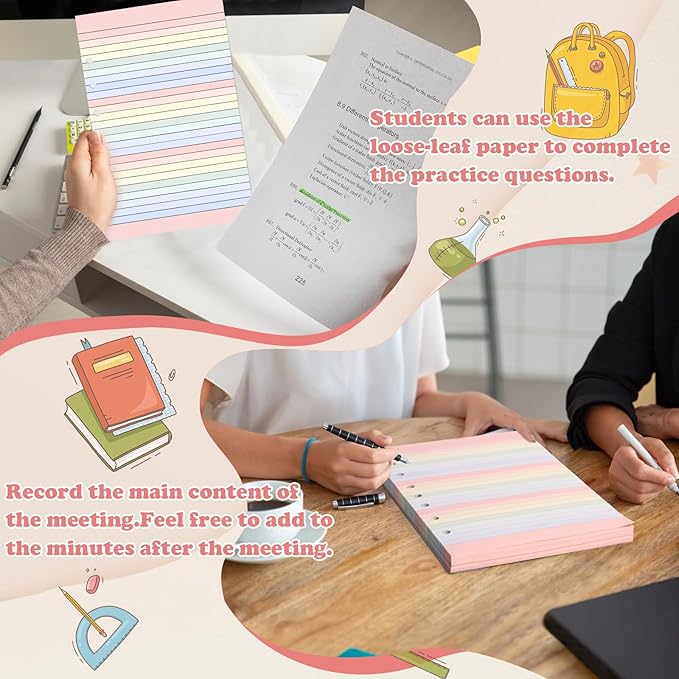 Colored Loose Leaf Papers 5.5 x 8.5 paper 7-Hole Lined Filler Paper College Ruled Notebook Refill Pad Pastel Colored Lined Refills Hole Punched Notebook Refills for 3 or 7 Ring Binders（200）