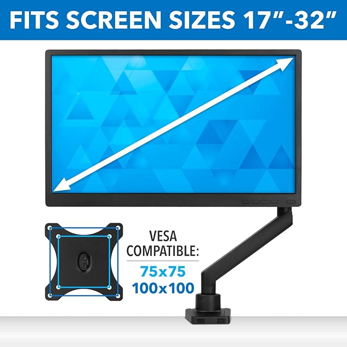 Mount-It! Single Monitor Arm Mount | Premium Monitor Desk Stand | Articulating Mechanical Spring Arm | Fits 24 27 30 32 Inch VESA 75 100 Compatible Computer Screen | C-Clamp and Grommet Bases