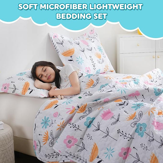 Girls Pink Floral Quilt Set Twin Size Kids Bedding Sets Lightweight Summer Bedspread Soft Microfiber Breathable Bed Comforter All-Season