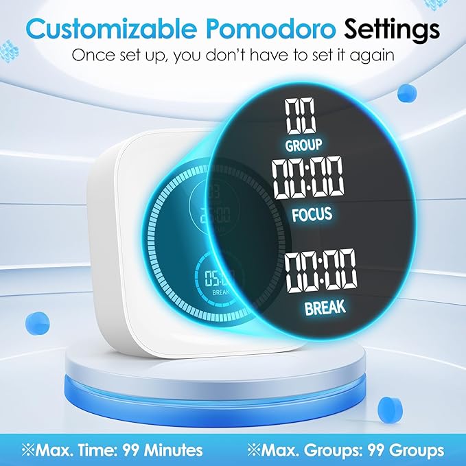 99-Minute Visual Timer with Pomodoro Timer Productivity Focus Timer Countdown Stopwatch Desk ADHD for Study, Work, Student, Procrastination, Loud Alarm/Mute/Vibration, 2 Brightness Levels