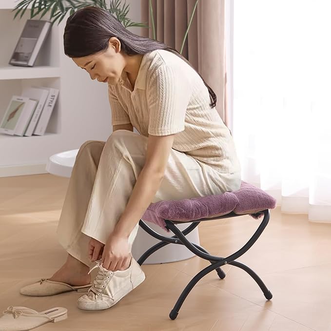Welnow Folding Foot Stool, Upholstered Small Accent Ottoman with Detachable Thick Cotton Cushion Padded Sofa Stool and Metal Frame for Lazy Chair, Living Room, Bedroom, Plush Purple