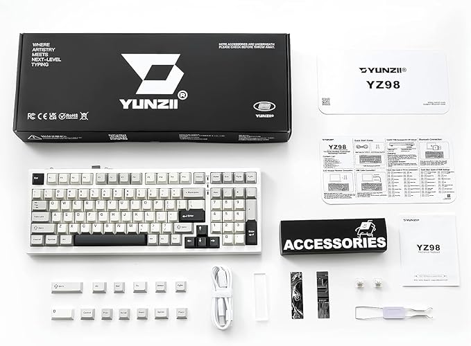 YUNZII YZ98 Gasket Mechanical Keyboard,99 Key Hot Swappable BT5.0/2.4G/USB-C Wireless NKRO 98% 1800 Layout with RGB LED Backlit for Linux/Win/Mac(White, Cocoa Cream V2 Switch)