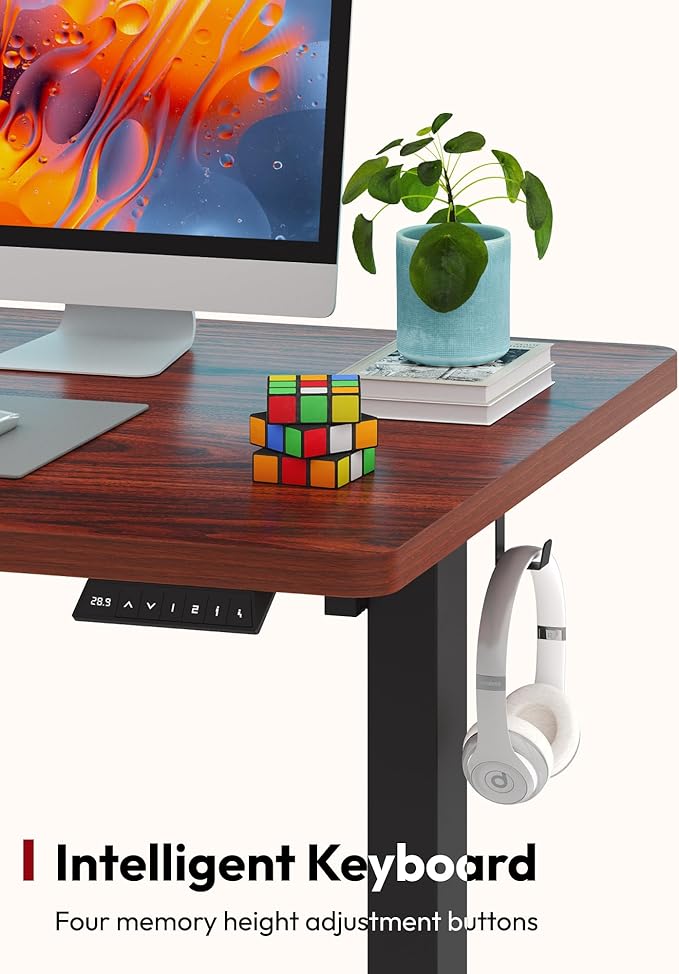 SANODESK Electric Standing Desk 55 x 28 Inches Whole-Piece Desktop Height Adjustable Stand Up Desk w/6-Button Controller Ergonomic Computer Desk for Home Office, Black Frame + Mahogany Tabletop