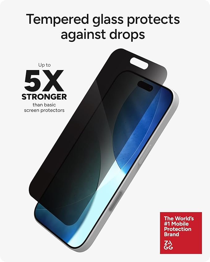 ZAGG Glass Elite Privacy Screen Protector for iPhone 17 - 5X Stronger Tempered Glass, ClearPrint Technology for Smudge Free Clarity, Smooth Feel, Full Coverage, InvisibleShield, Easy Two-Step Installation