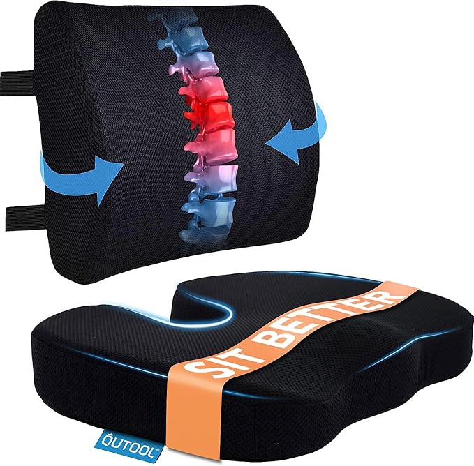 Seat Cushion & Lumbar Support Pillow for Office Chair, Car, Wheelchair Memory Foam Desk Chair Cushion for Sciatica, Lower Back & Tailbone Pain Relief Desk Pad with Adjustable Strap 3D Washable Cover