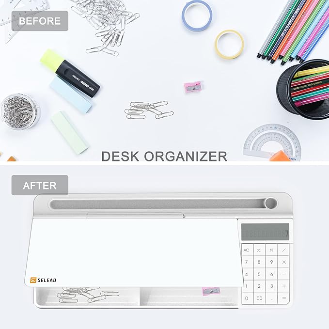 SELEAD Desktop Glass Whiteboard with Calculator, Organizer, Markers, Eraser, Holder - Small Dry Erase White Board Computer Pad Keyboard Stand Desk Drawer Accessories for Home, School, Office