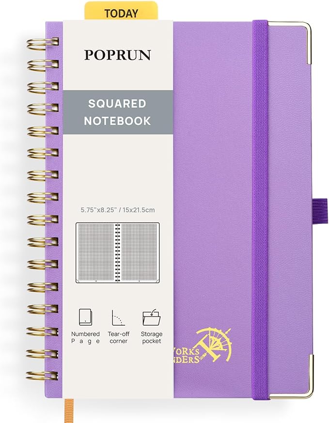 POPRUN Graph Paper Spiral Journal Notebook, [A5-5.75'' x 8.25''] - 120 GSM Thick Paper, 141 Numbered Pages, Grid Notebooks for Men & Women with Pocket, Index Tabs, 8 Perforated Sheets,Violet